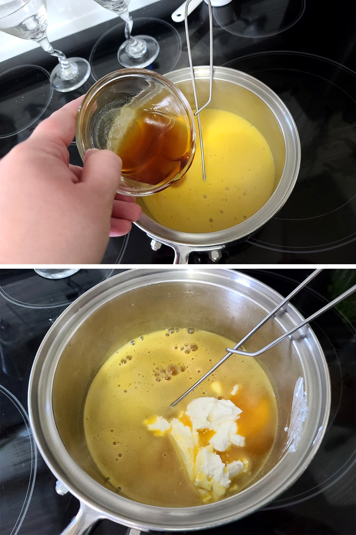 Rum and sour cream being added to the pot of mango mixture.