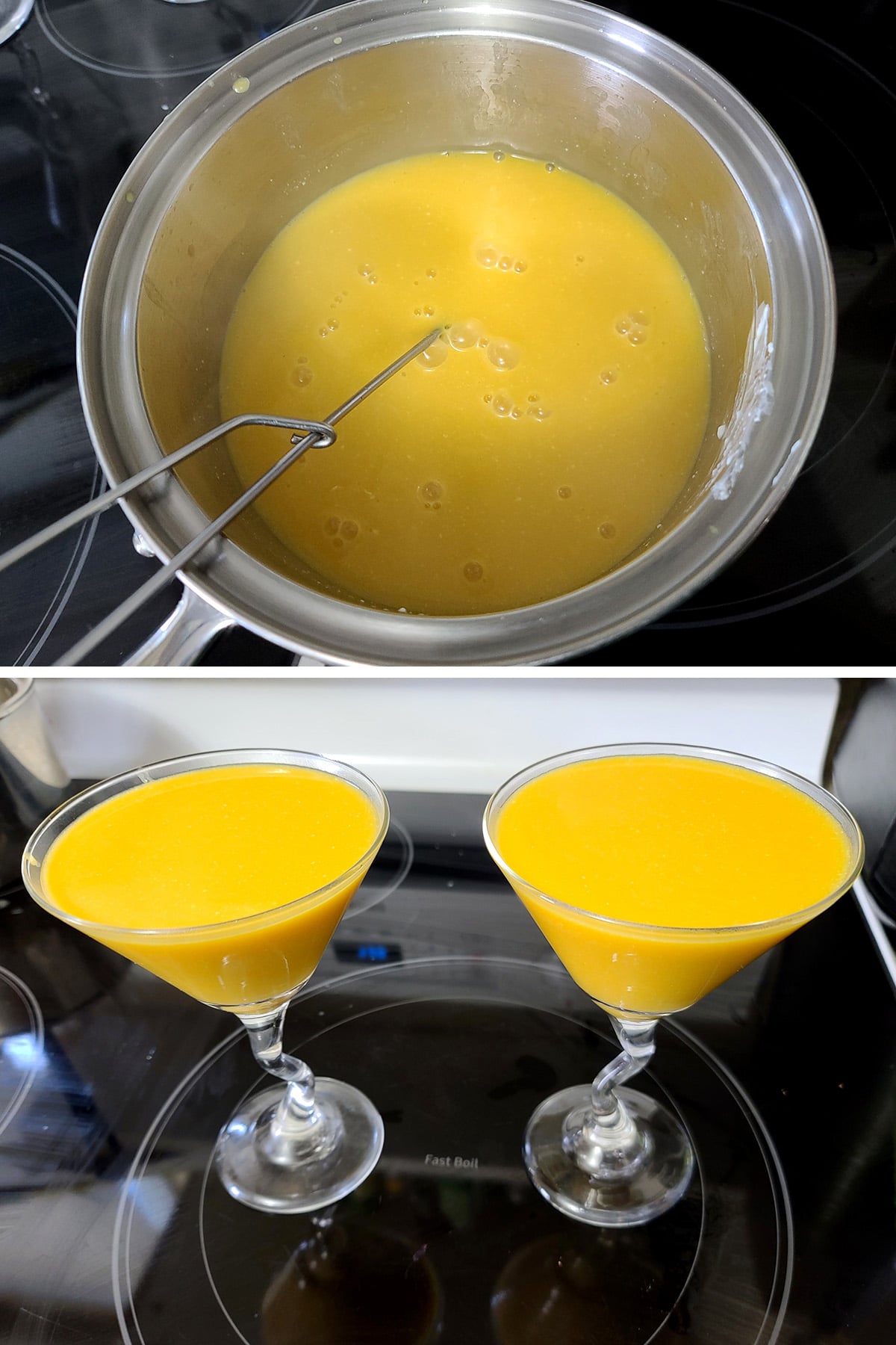 A small pot of mango panna cotta mixture, along with 2 martini glasses of panna cotta.