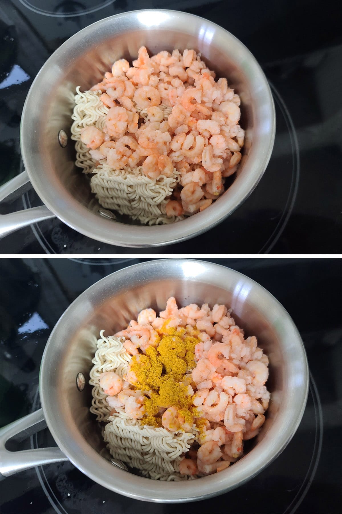 Shrimp, flavouring powder, and curry are added to the pot.