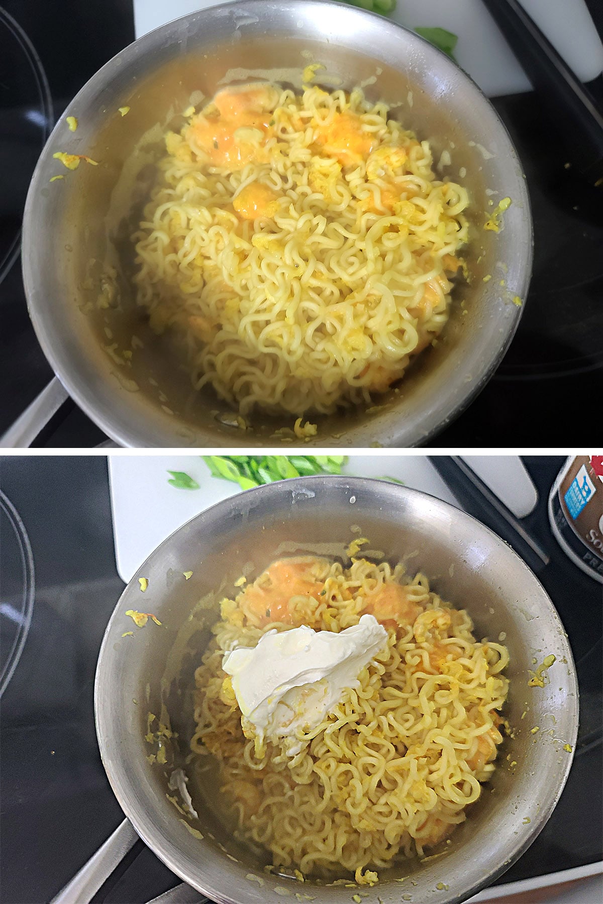 Sour cream is added to the strained noodles.