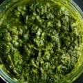 A close up view of a jar of cilantro mint chutney, a deep green dip that looks like pesto.