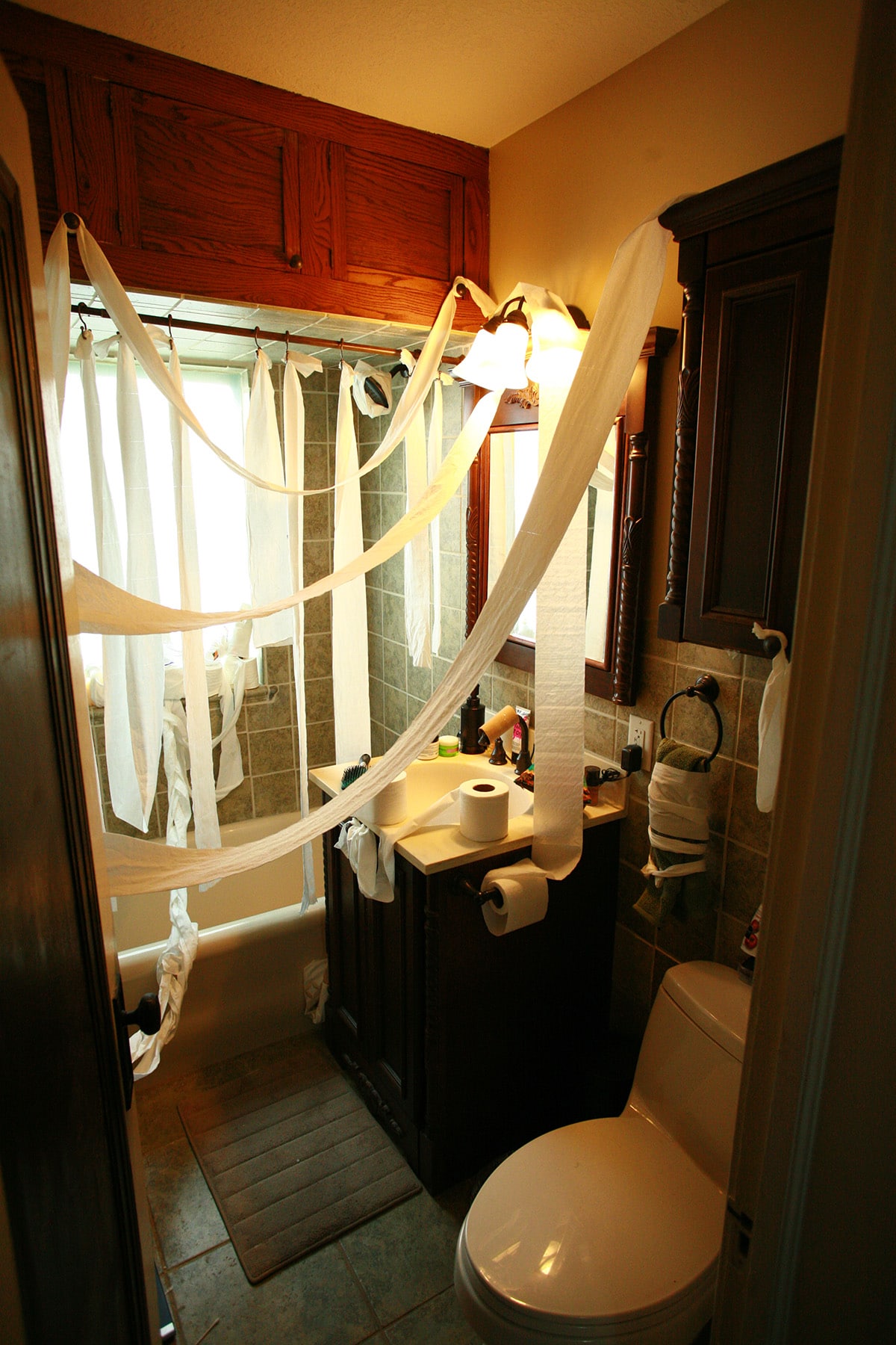 Many strands of toilet paper draped over the bathrom vanity and shower.
