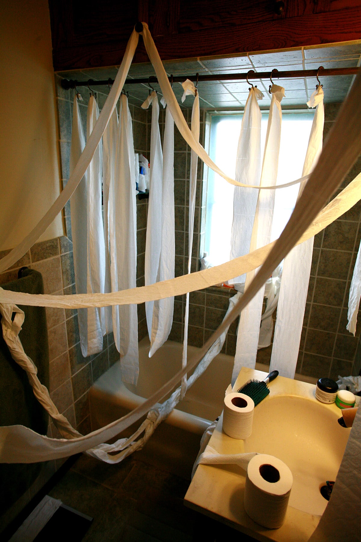 Many strands of toilet paper draped over the bathrom vanity and shower.