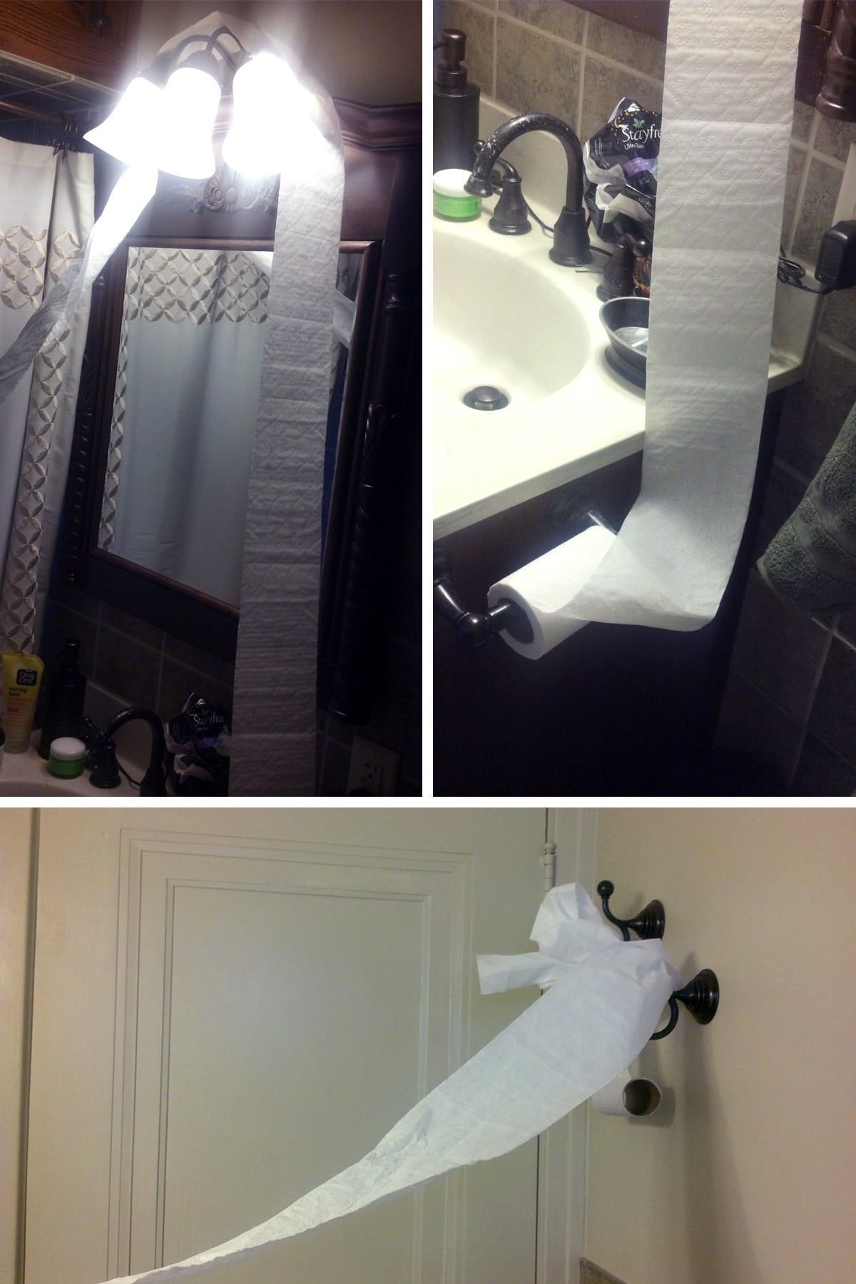 A compilarion image of 3 shots of toilet paper draped around the washroom.