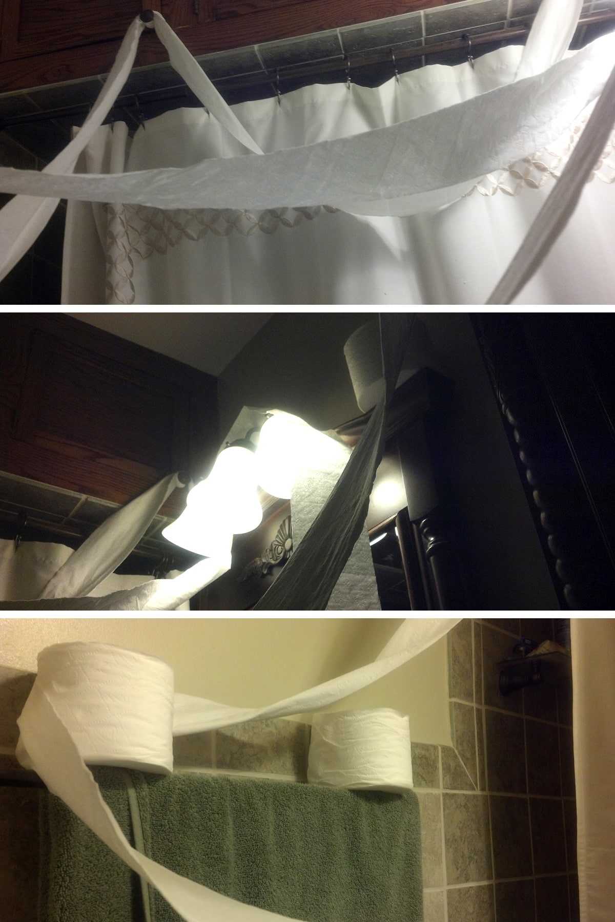 A compilarion image of 3 shots of toilet paper draped around the washroom.