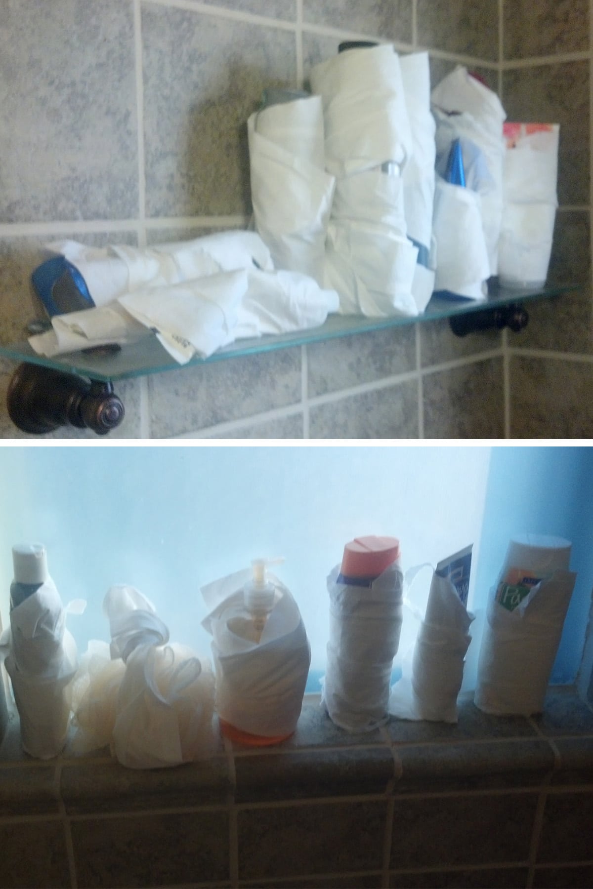 two photos of shower items wrapped up, mummy style, in toilet paper.