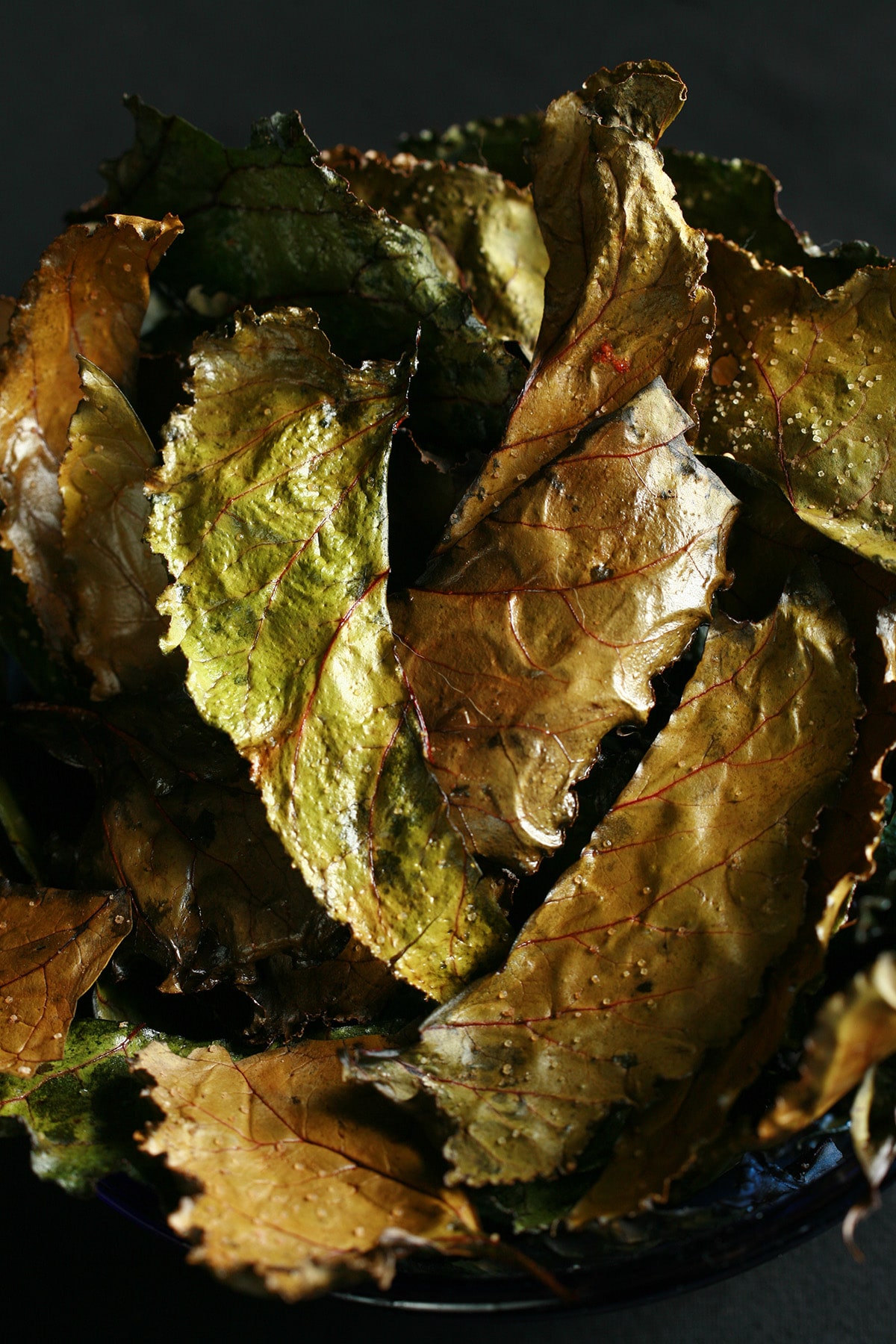 A bowl of roasted beet green chips - deep shades of greens and browns, with beautiful red veining.