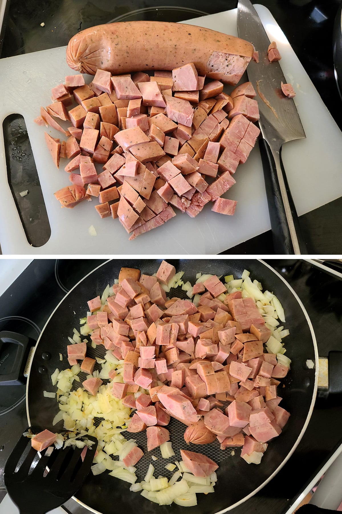 A two part compilation image showing turkey kielbasa - in place of ham - being chopped and added to a pan of onions and garlic.