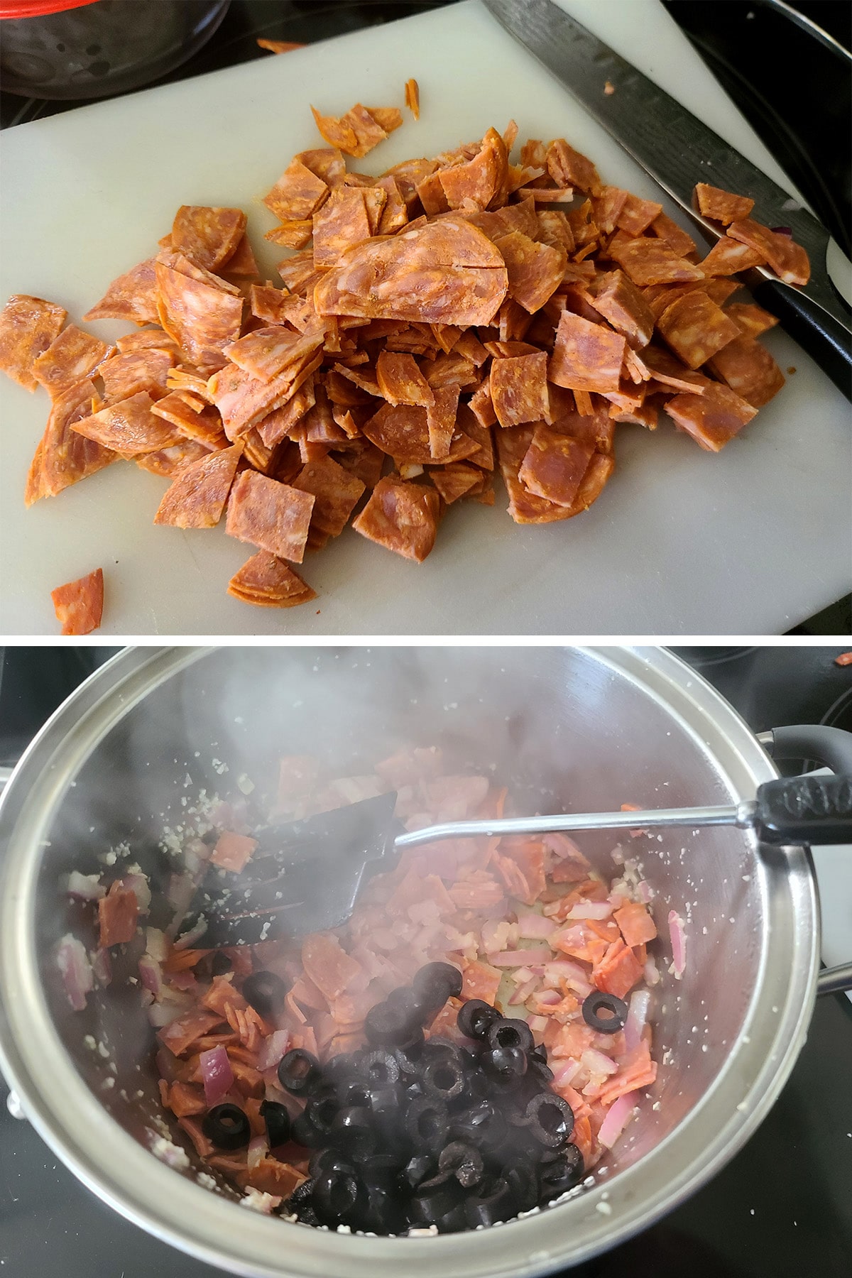 Chopped pepperoni being added to a steaming pot, along with black olive slices.