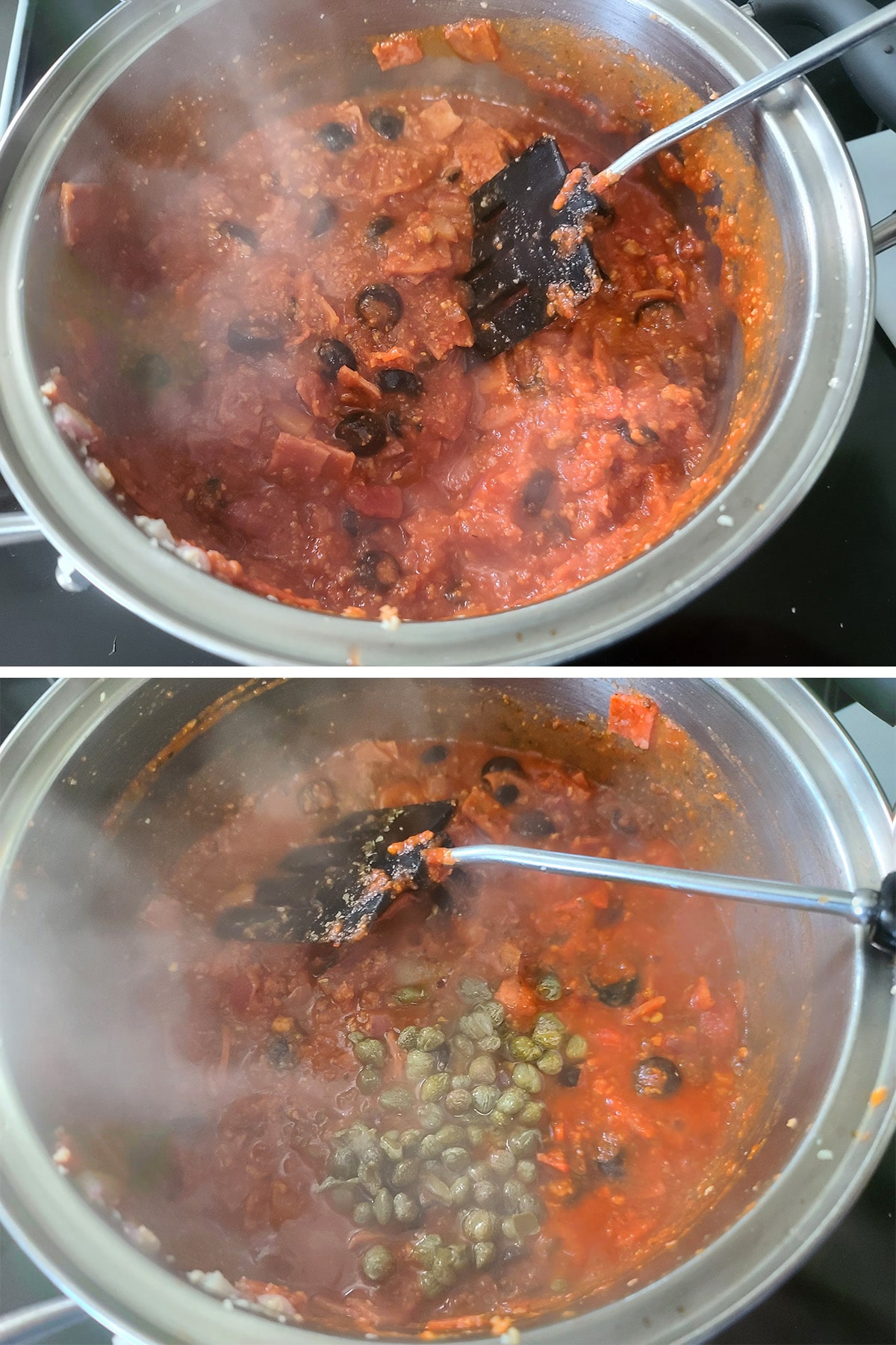 Capers being added to a steaming pot of pasta sauce.