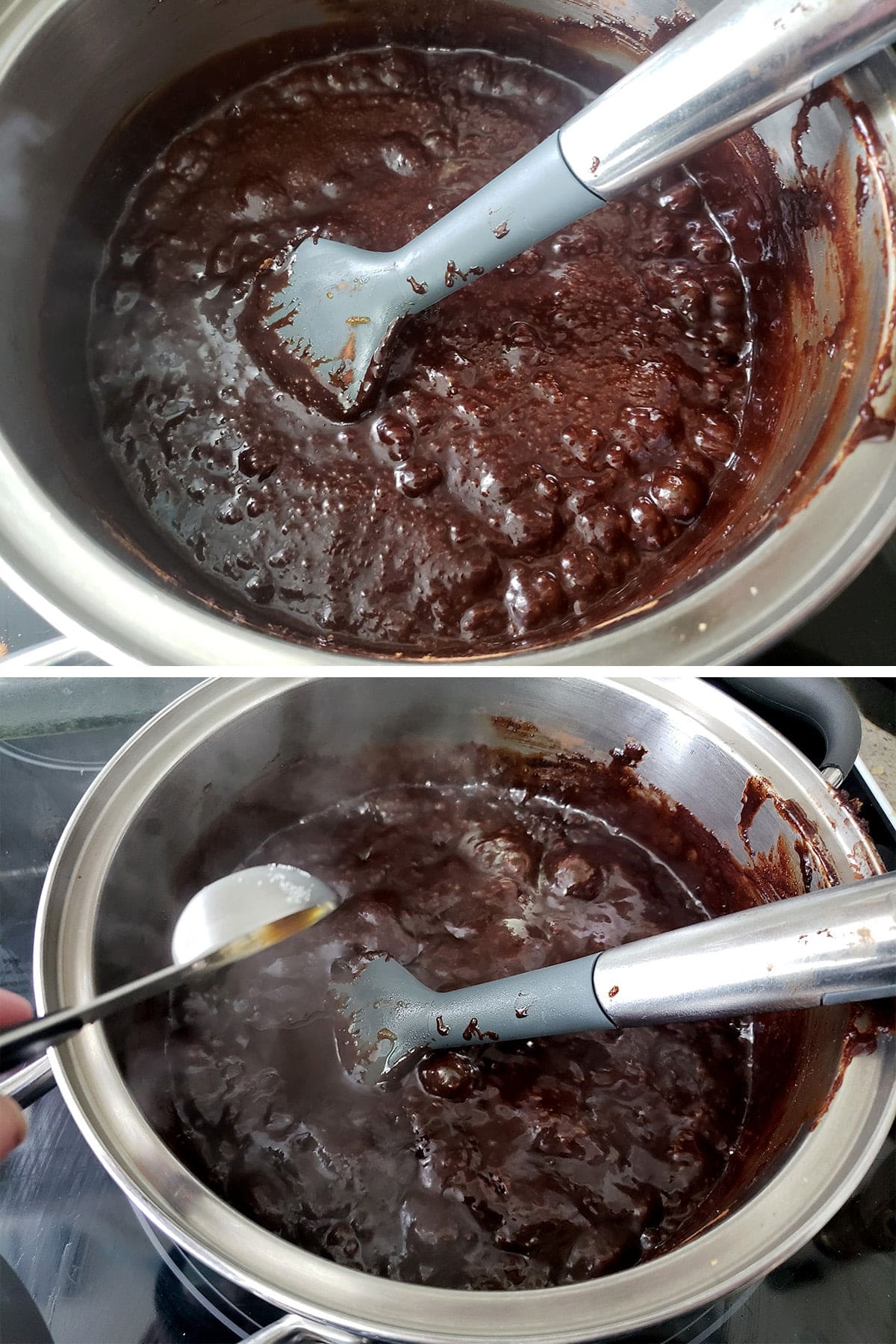 A two part compilation image showing the chocolate caramel being boiled, and the vanilla being added.