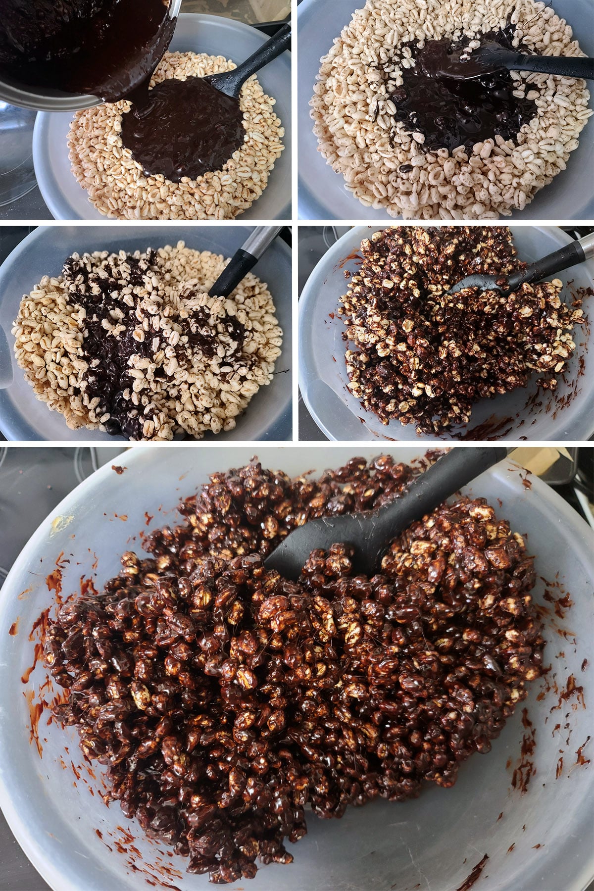 A 5 part image showing the chocolate sauce being poured over the puffed wheat and stirred until all of the cereal is fully coated.