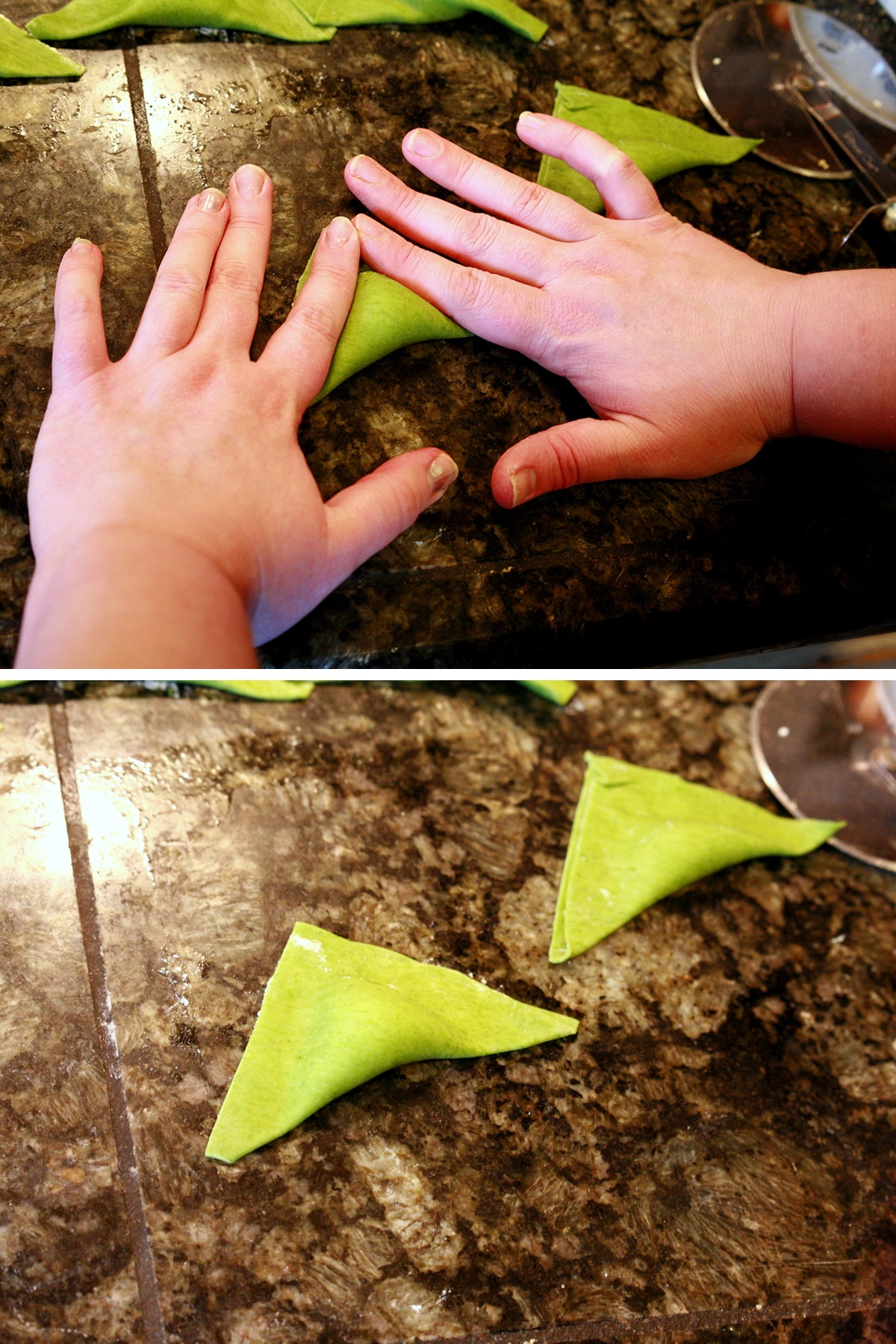 The pasta squares are being folded in half to form triangles, with hands pushing the air out as they're sealed.