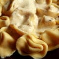 A plate of Acorn Squash Tortellini, topped with nutmeg cream sauce.