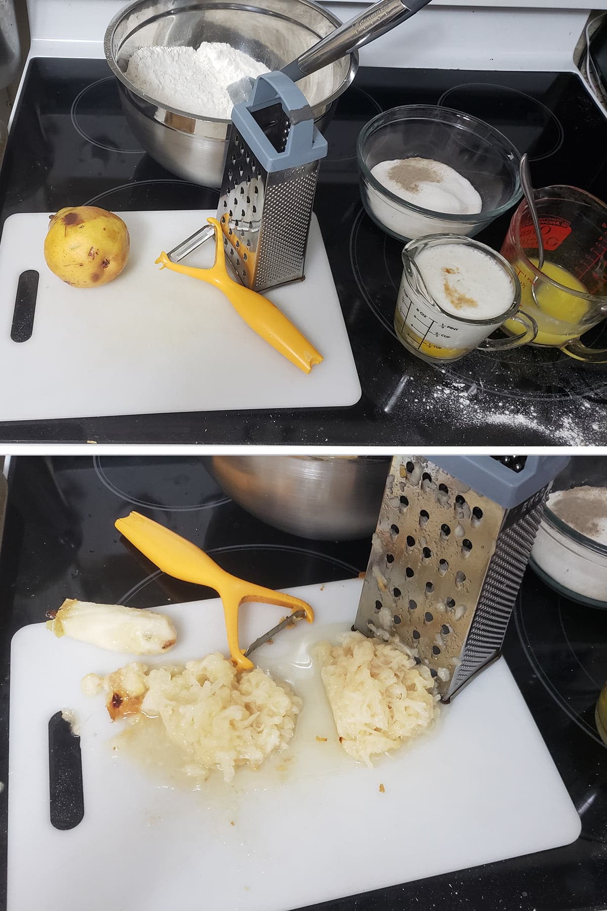 A two part compilation image showing the ingredients being prepared, and the pear being grated.