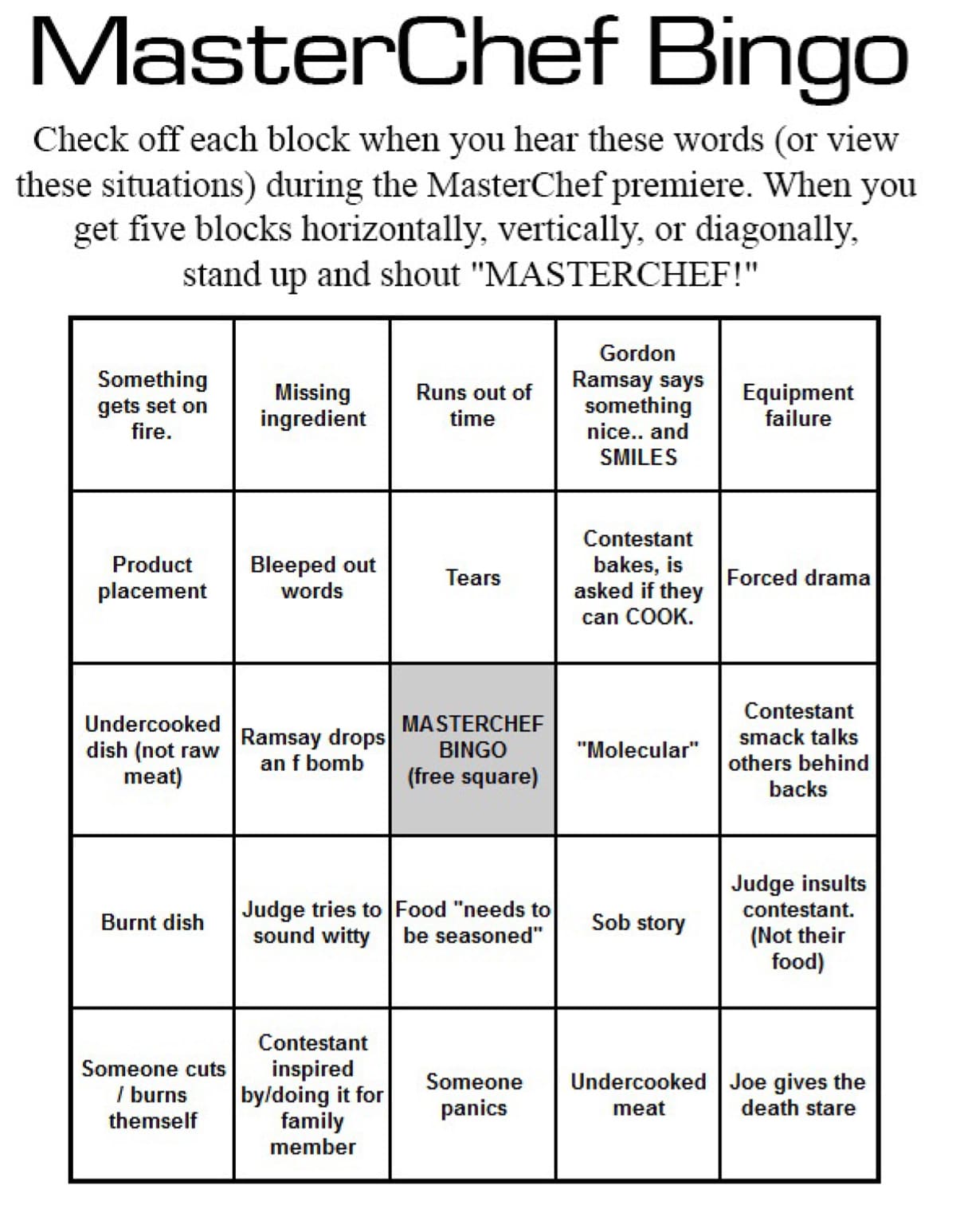 A bingo card, labelled Masterchef Bingo. All of the spaces are filled with things you may see happen on the show.