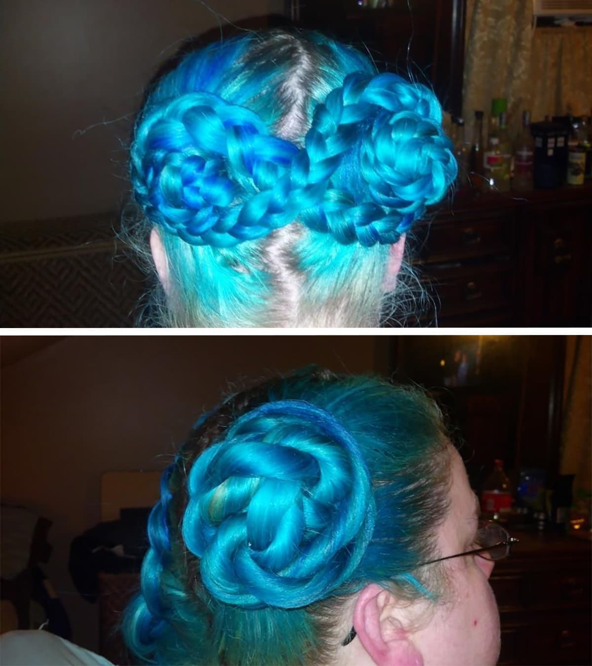 Long blue hair braided and twisted into 2 random, weird styles.