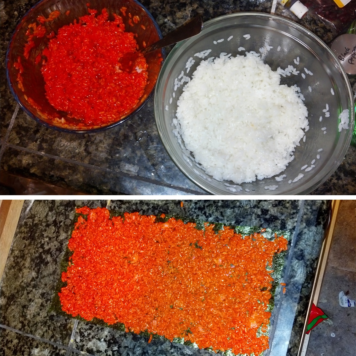 Bowls of white and orange rice, with orange rice spread out on nori.