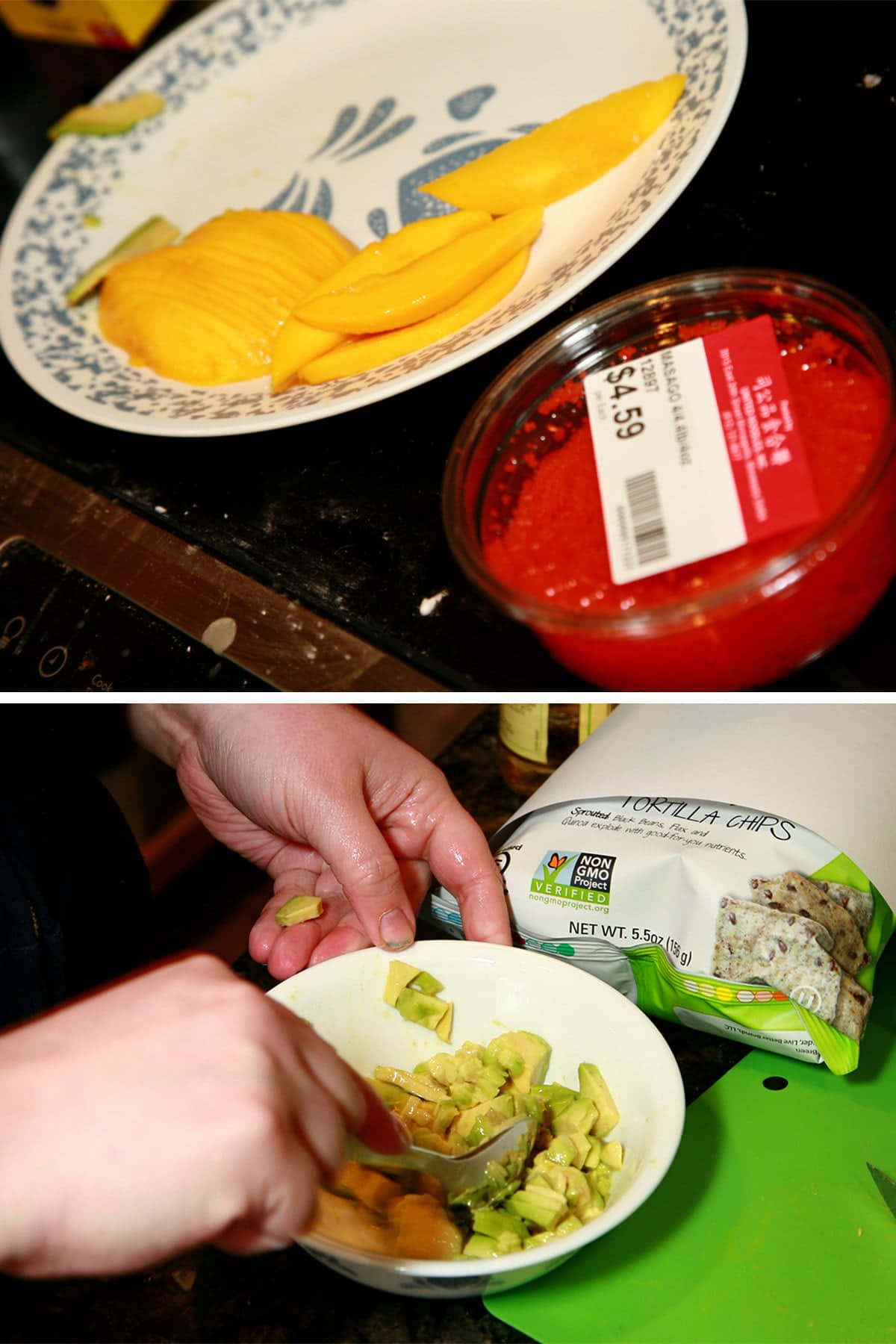 A two part image. The top one shows a plate with mango slices, and a small tub of masago roe. The bottom image shows avocado being mashed in a small bowl.