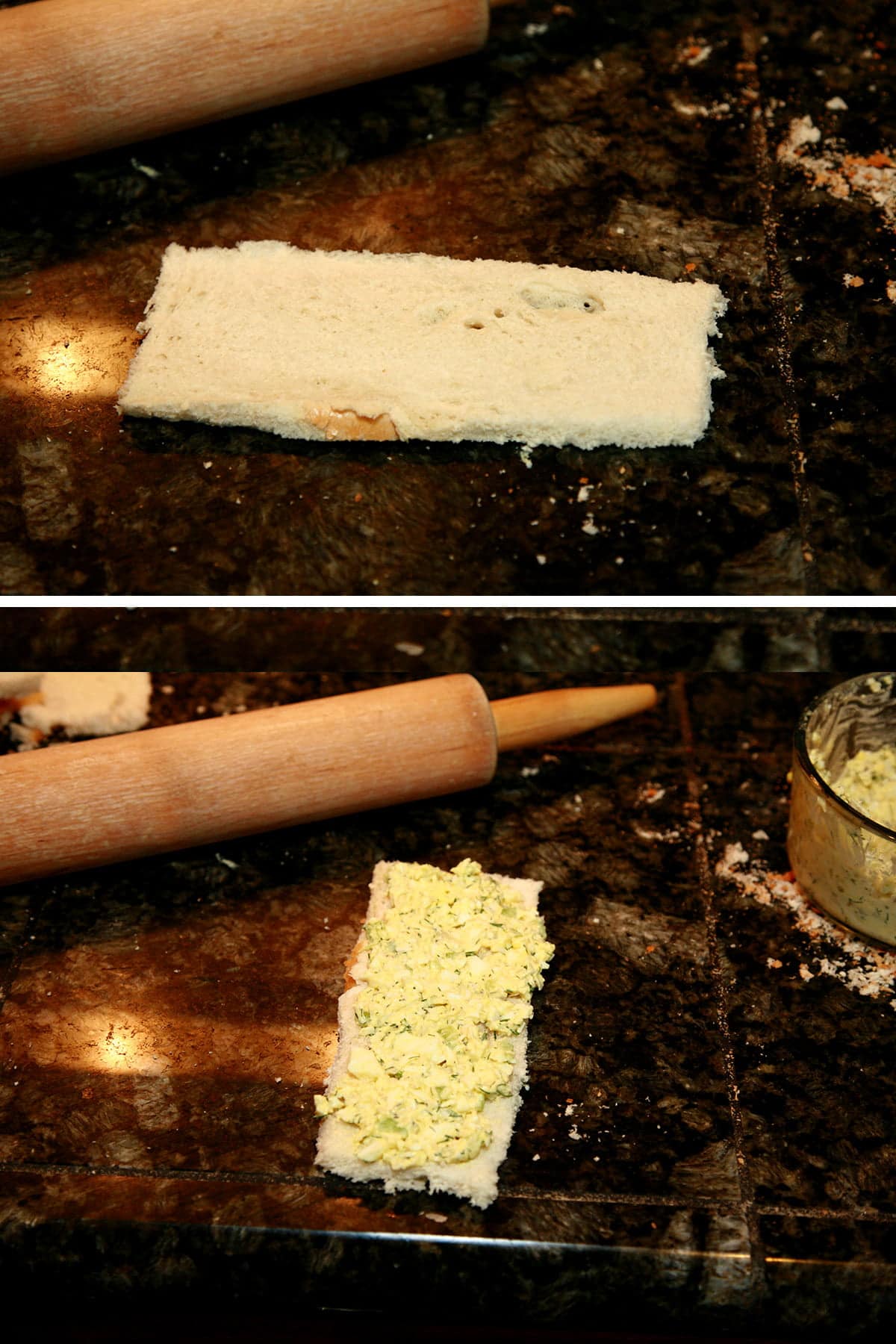 A two part compilation image showing a long slice of bread having egg salad applied to it.