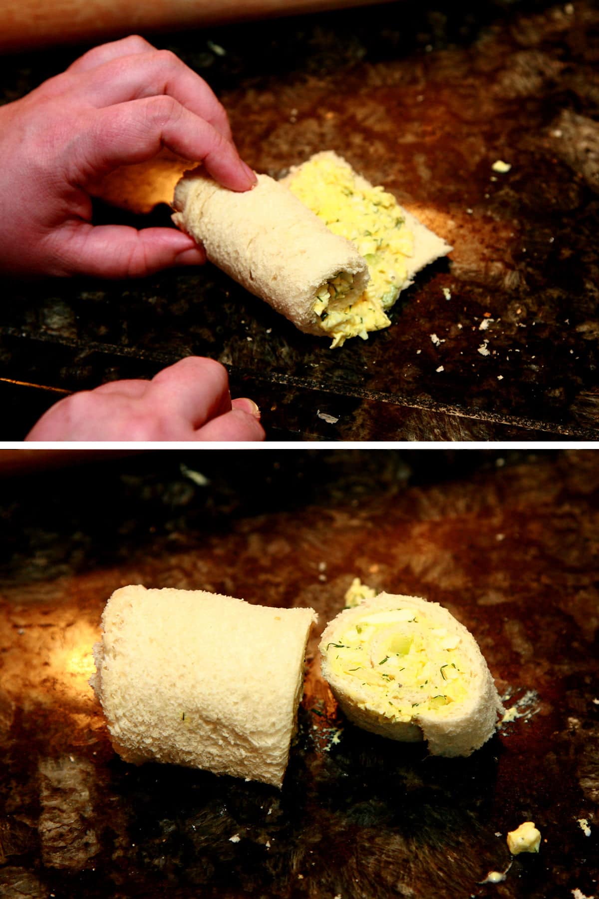 A two part compilation image showing a long sice of bread with egg salad being rolled up.