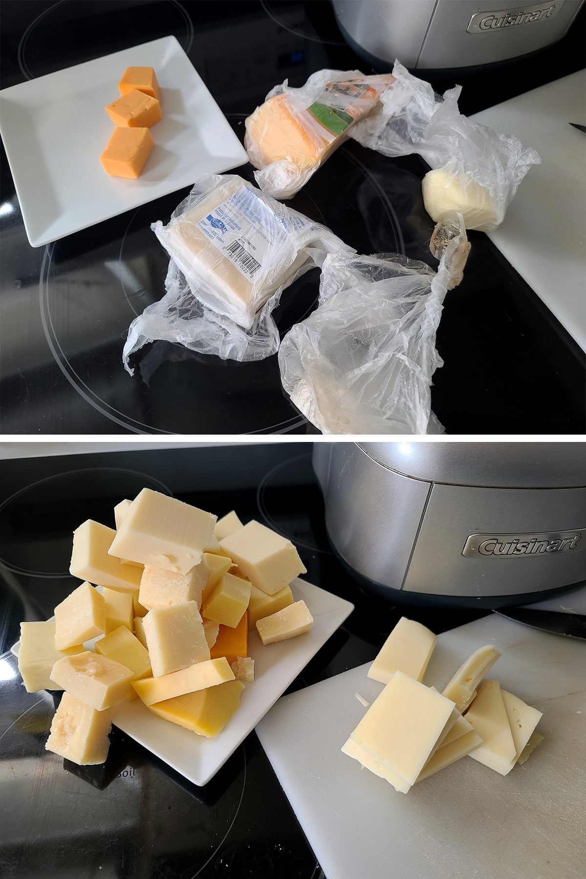 Several pieces of cheese being trimmed and chopped into pieces.