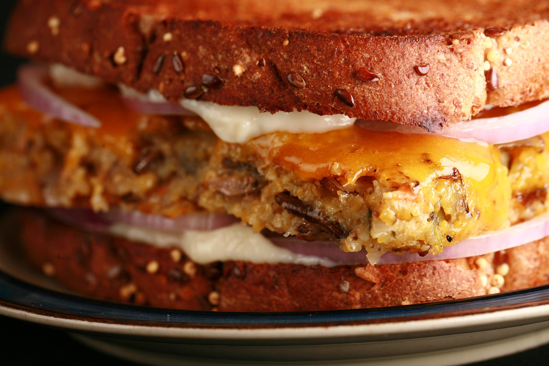 A close up photo of a toasted sandwich with polenta, mushrooms, wild rice, cheddar, red onions, and mayo visible.