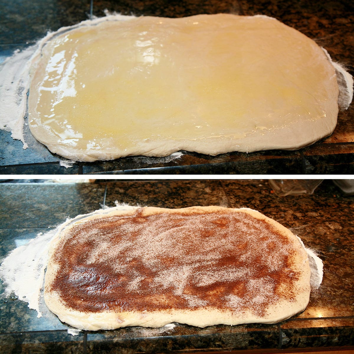 A two part compilation image showing a rectangle of dough with melted butter spread over it, and then the same dough with a chai seasoned sugar mixture spread over it.