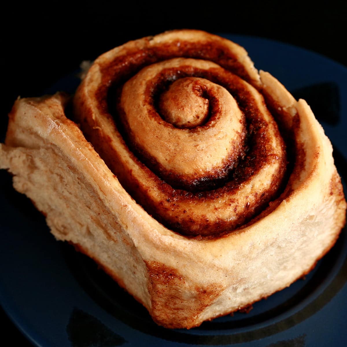 A single chai cinnamon bun on a plate.