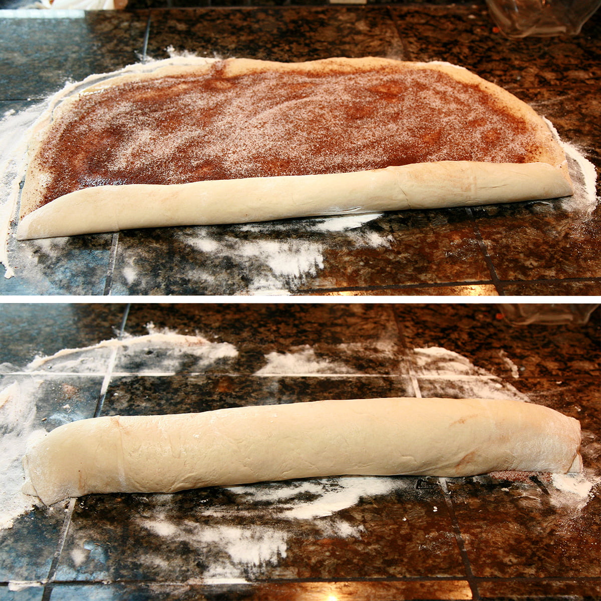 A two part compilation image showing the dough being rolled up.