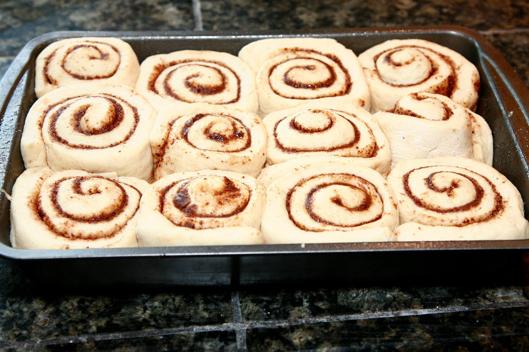 12 unbaked chai cinnamon rolls resting in a pan, after the final rise. They are now puffy and squishing up against each other.