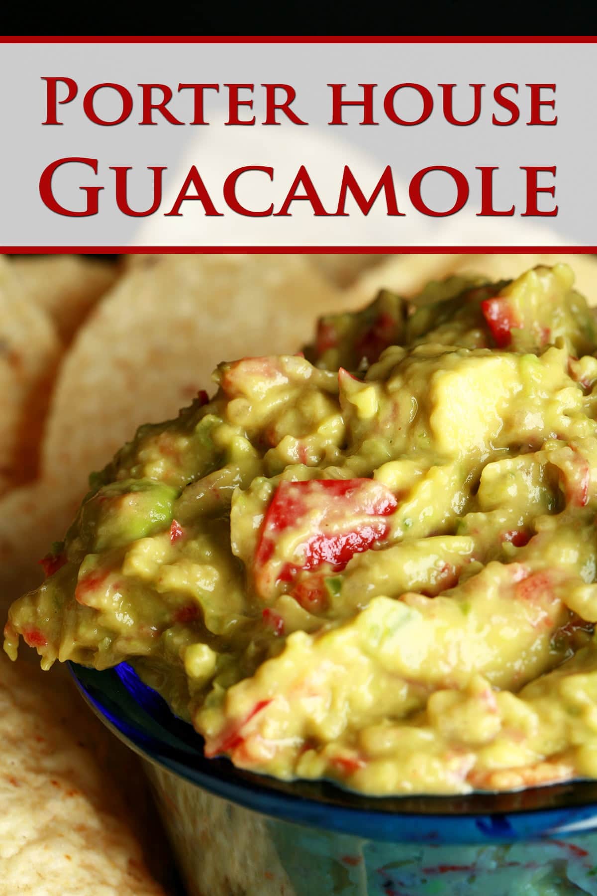 A close up view of a bowl of Porter House Guacamole