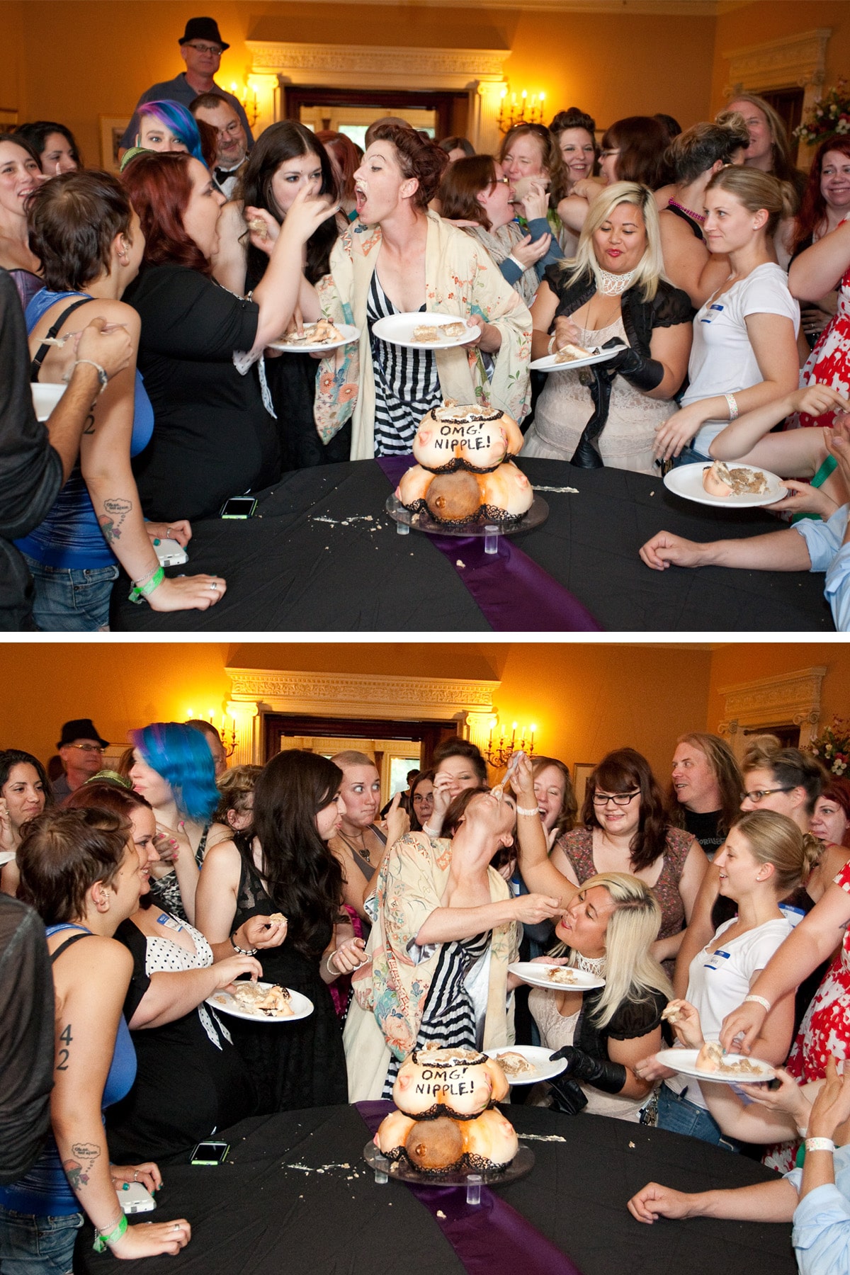 Amanda Palmer cutting and serving her pile of boobs cake.