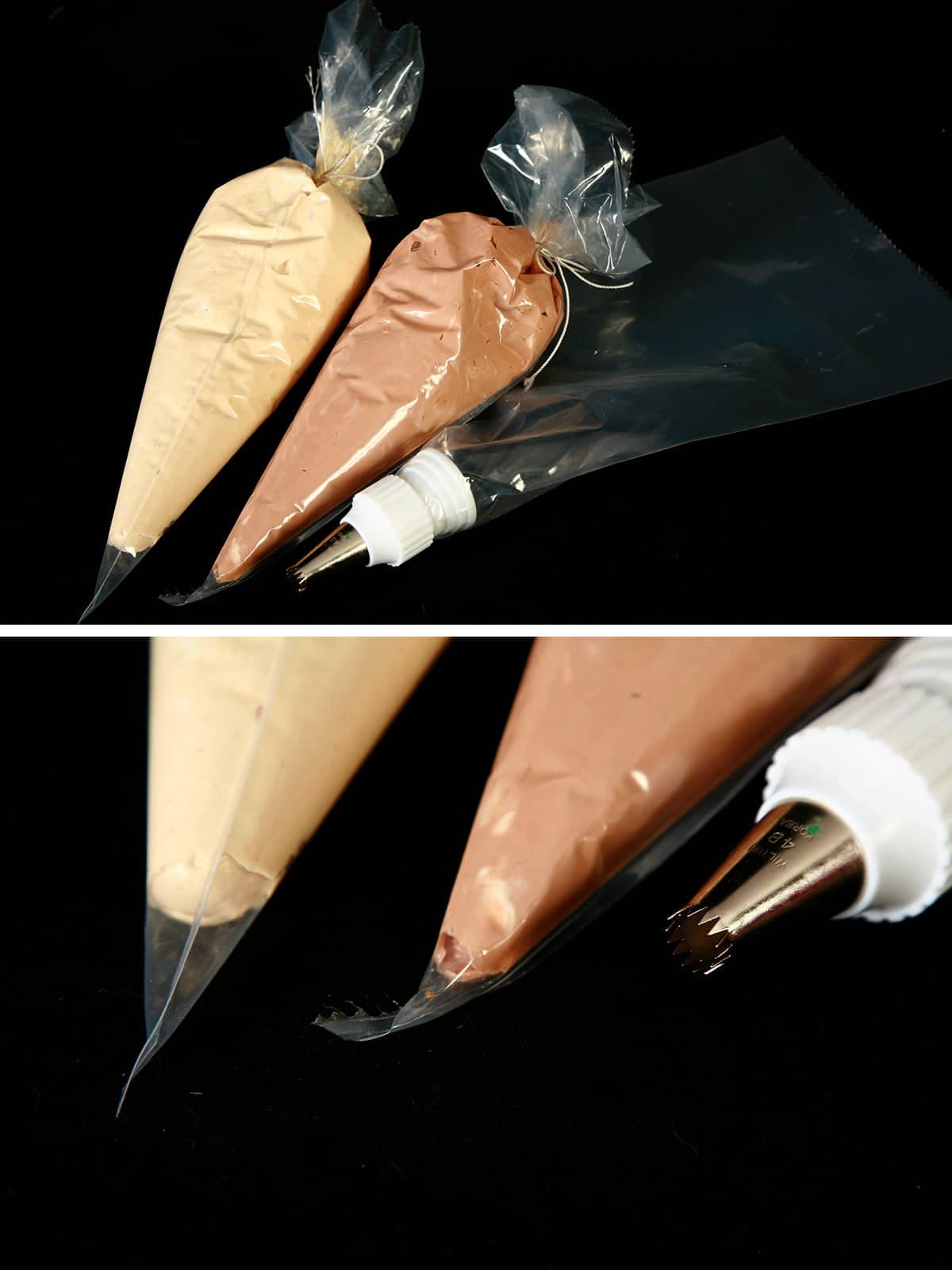 A two photo compilation image. Both show 3 pastry bags. Two have frosting - one a light yellowish tan colour, the other brown - next to an empty bag affixed with a star tip.