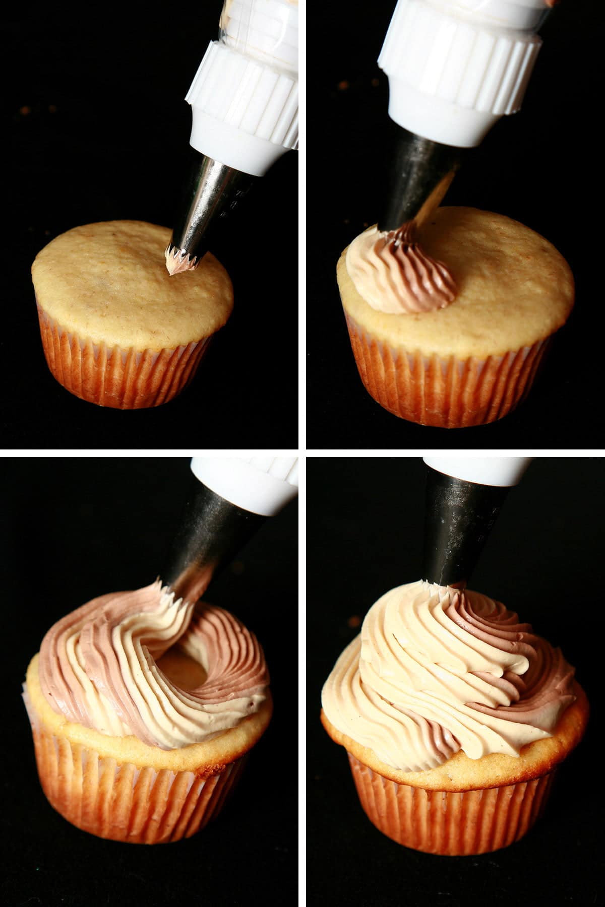 A 4 photo compilation image, showing carious stages of piping a swirl of frosting on a cupcake.