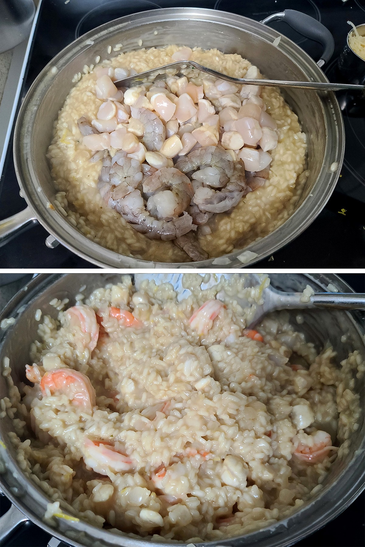 Raw shrimp and scallops being added to the pan and stirred in.