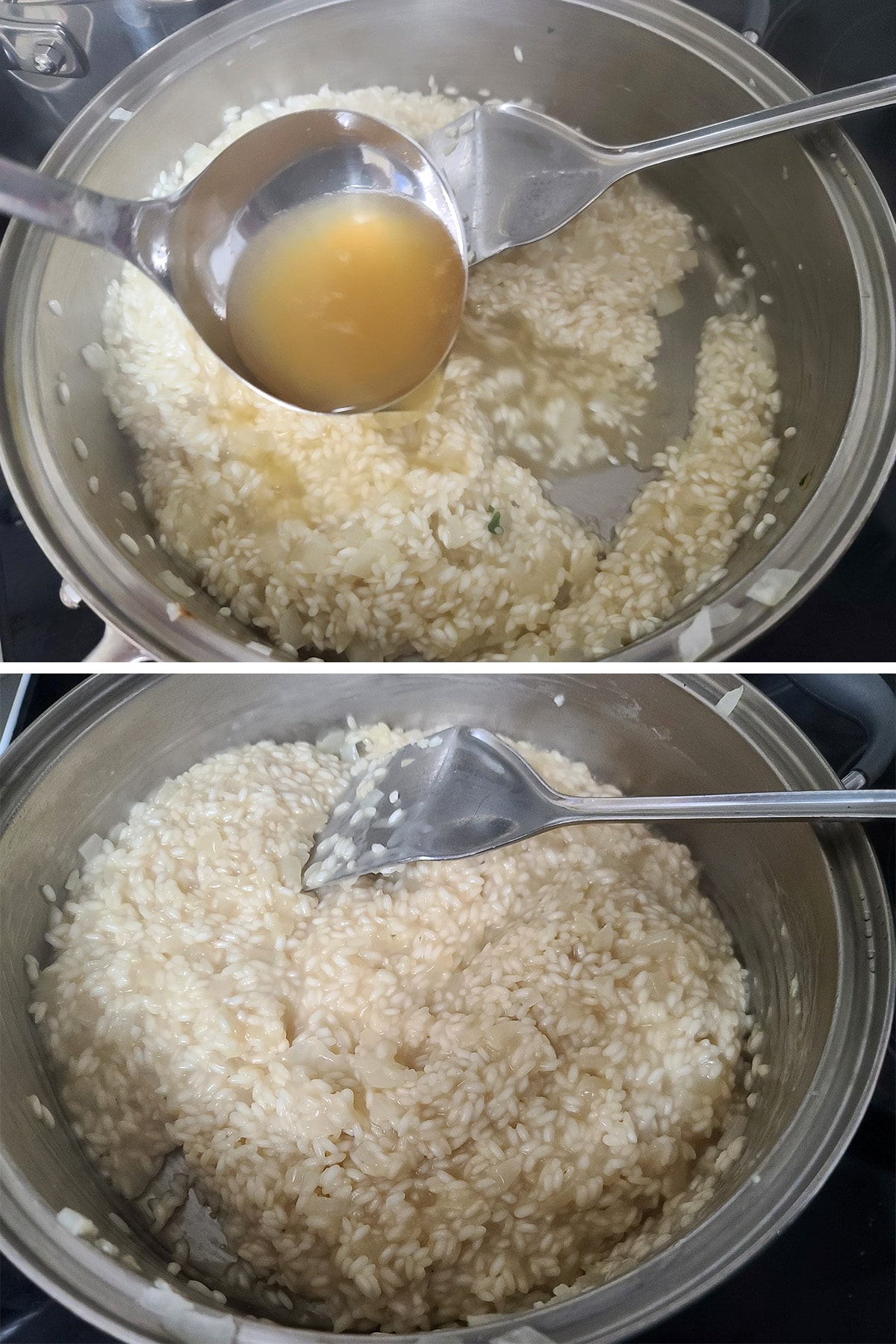 Rice and broth in a large metal pan, being stirred.