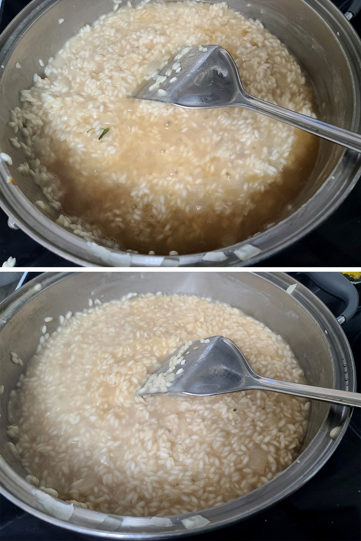 Rice and broth in a large metal pan, being stirred.