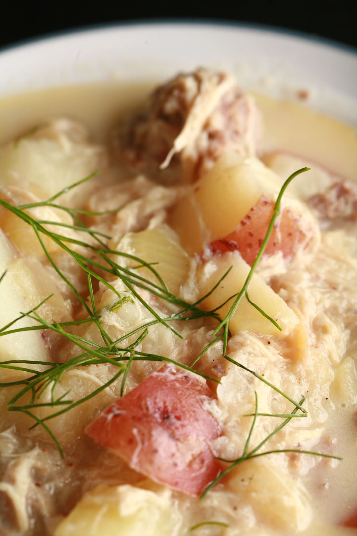 A bowl of fennel chicken and sausage soup. Chunks of potato and green fennel fronds are prominently displayed.