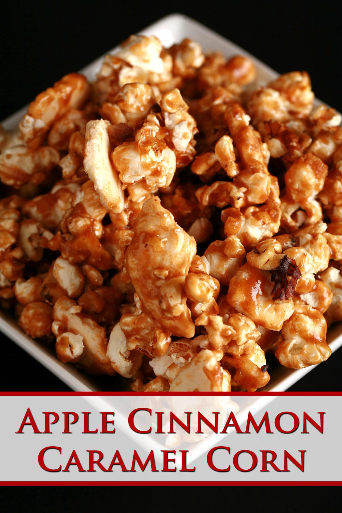 A close up view of a bowl of apple cinnamon caramel popcorn.
