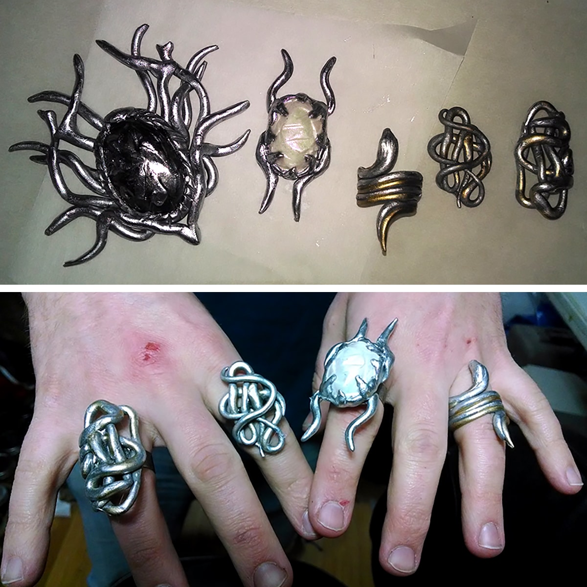 Various items of Thranduil's jewelery, laid out on a table and then shown on a man's hands.