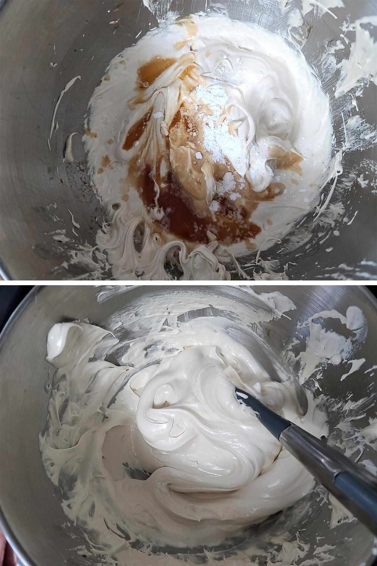 Extract, corn starch, and vinegar being added to the merigue and folded in.