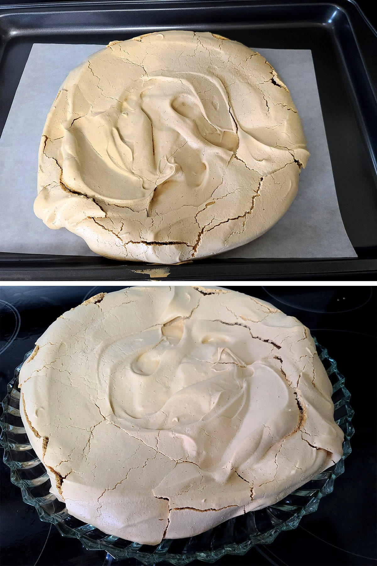 The baked pavlova, both on the pan, and after being transferred to a serving plate.
