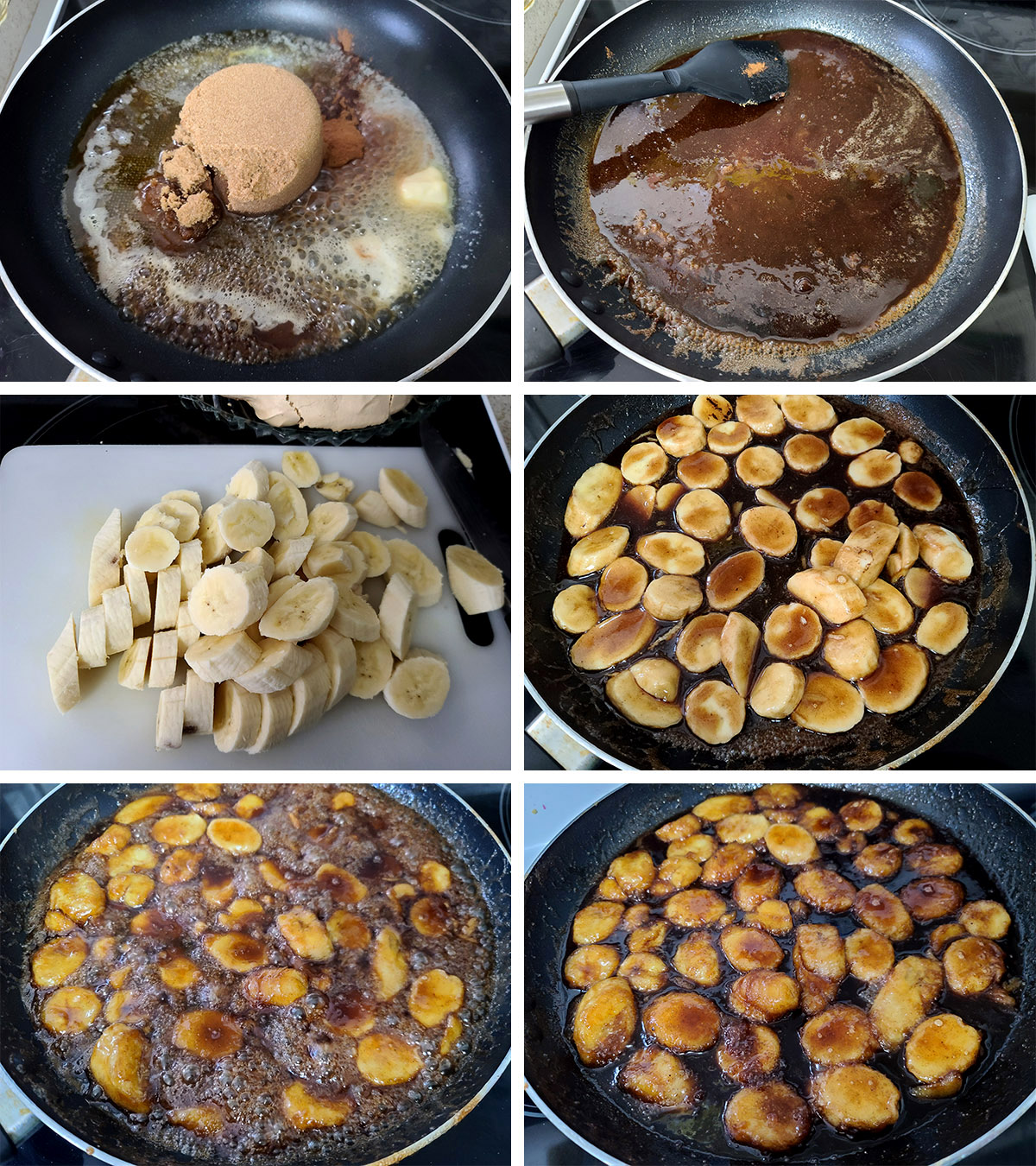 A 6 part image showing bananas foster being made in a pan, as described.