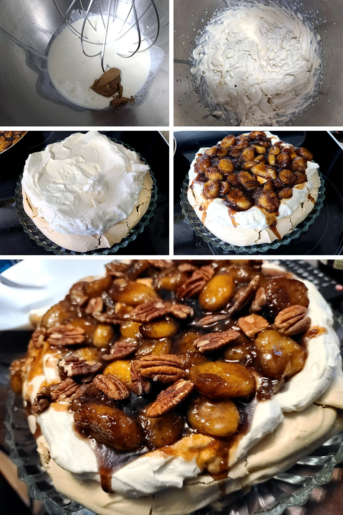A 5 part compilation image, showing the whipping cream being made, and the pavlova assembled with the toppings.