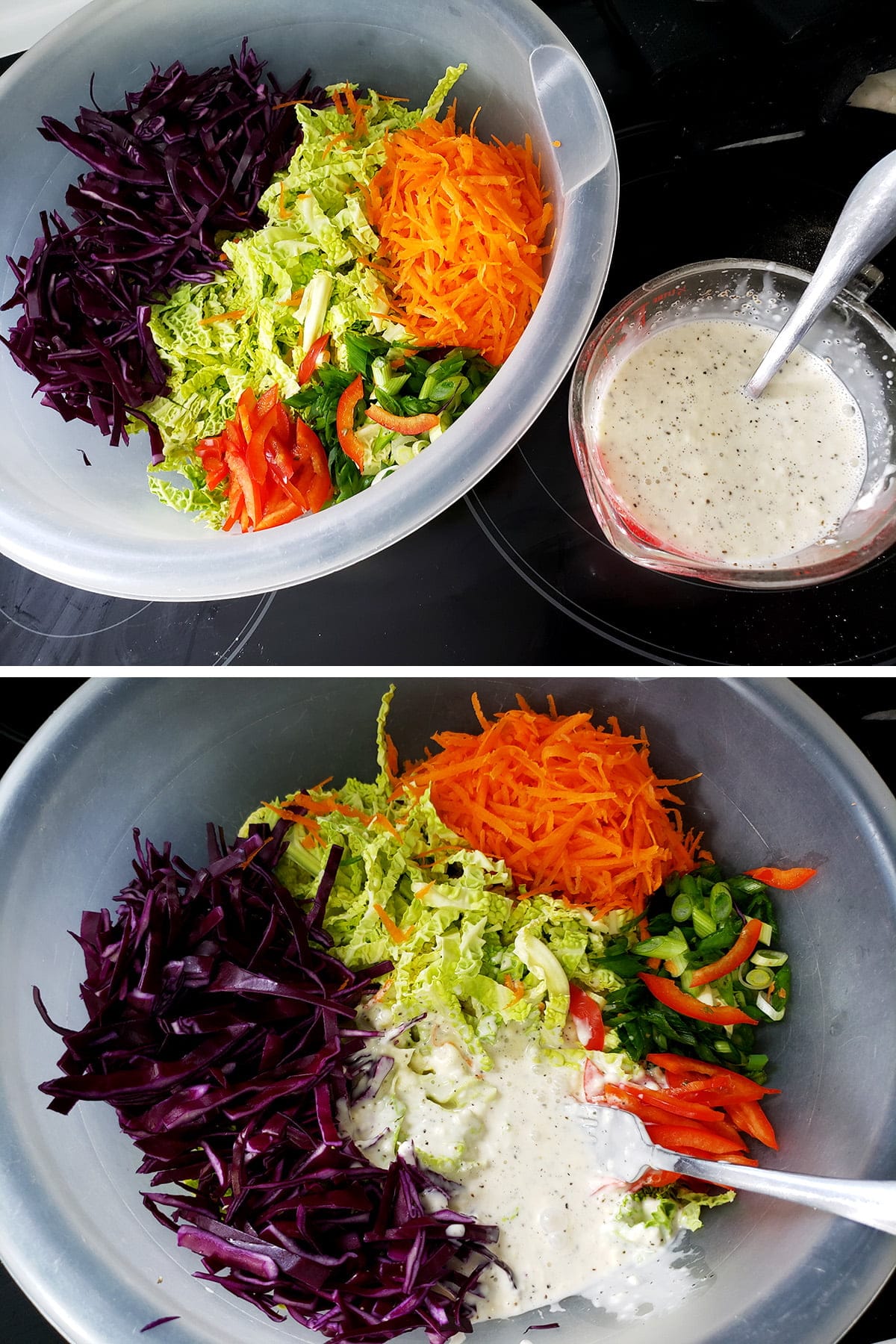 A two part image showing a mixing bowl of ingredients next to a glass measuring cup of dressing on top, and the bowl with the dressing in it on the bottom.