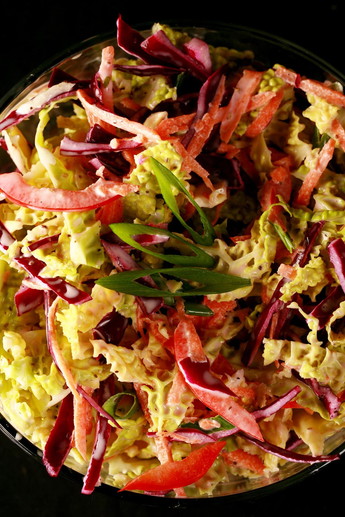 A glass bowl is filled with a colourful coleslaw - the Best Coleslaw Recipe EVER! Red pepper, purple and green cabbage, carrot, and green onions are all visible.