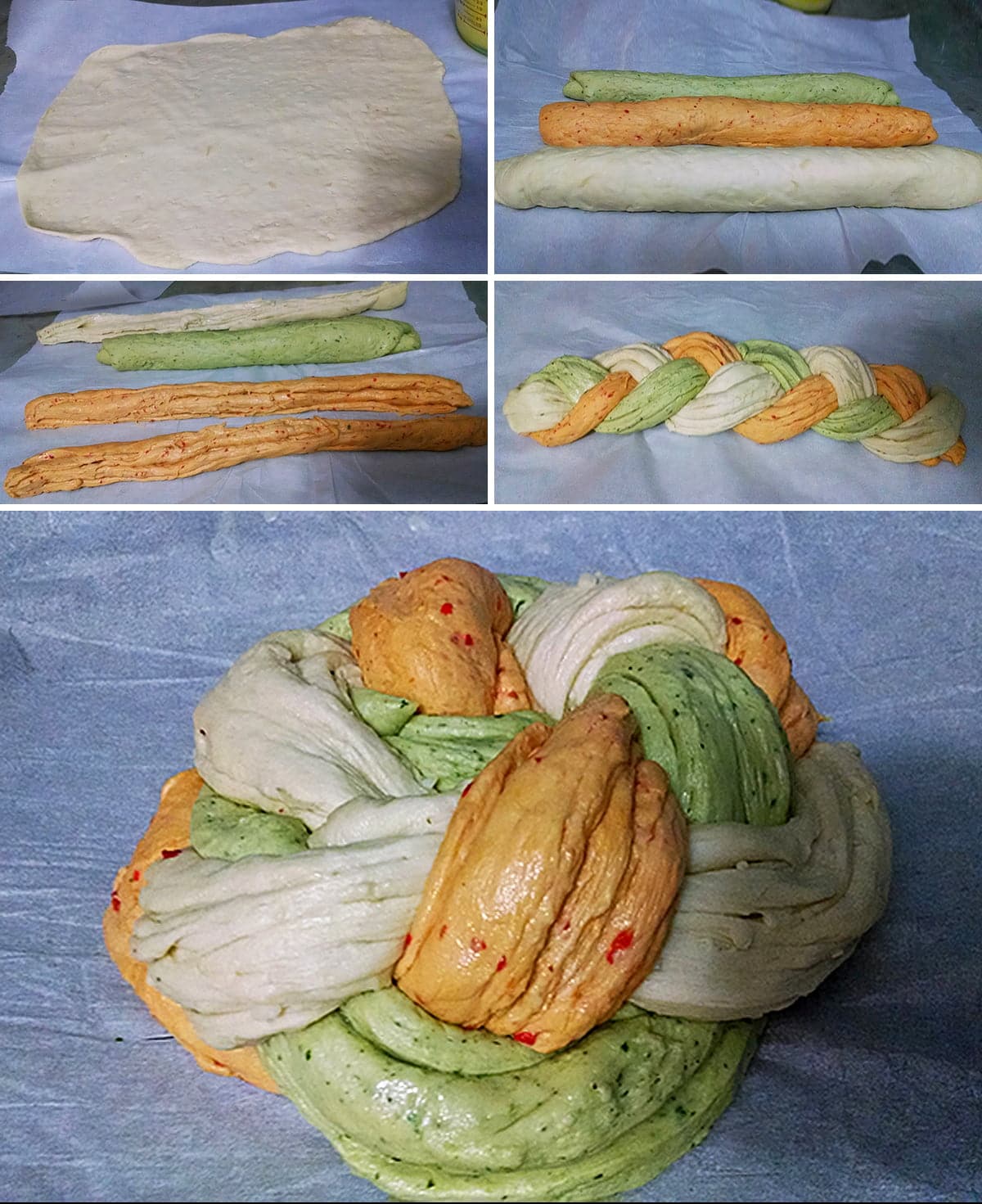 A 3 part compilation image showing the steps to roll and braid this bread, as described in the recipe card.
