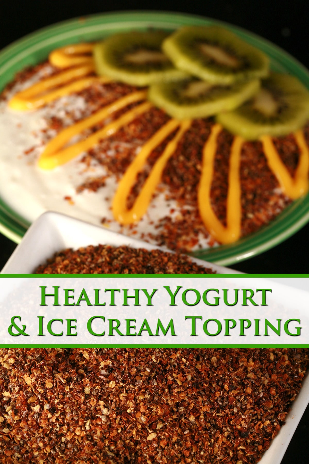 A bowl of vanilla yogurt, topped with our yogurt and ice cream topping, sliced kiwi, and a drizzle of mango curd.