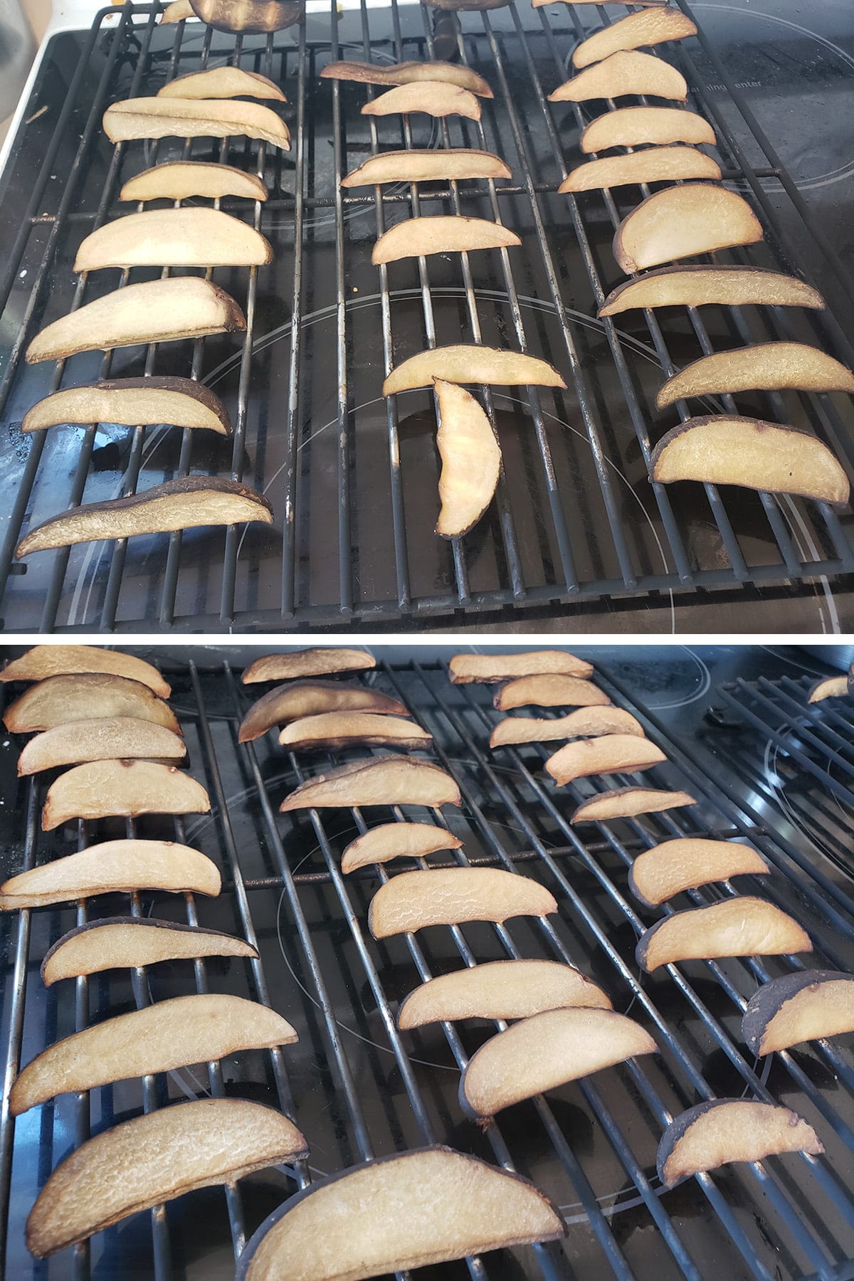 A two piece compilation image showing potatoes being smoked on racks.